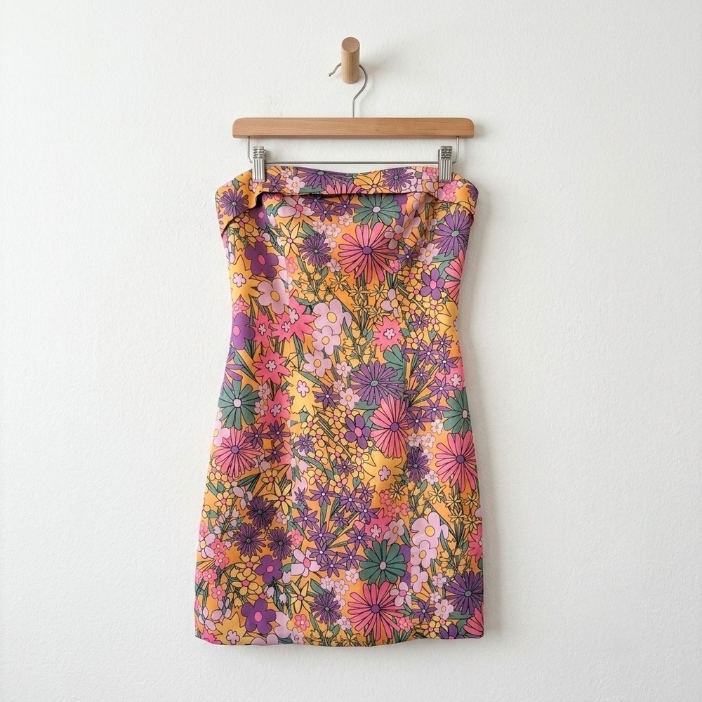 Blackbough Swim Flo Floral Mini Dress Strapless Retro Groovy Corset‎ Back Small